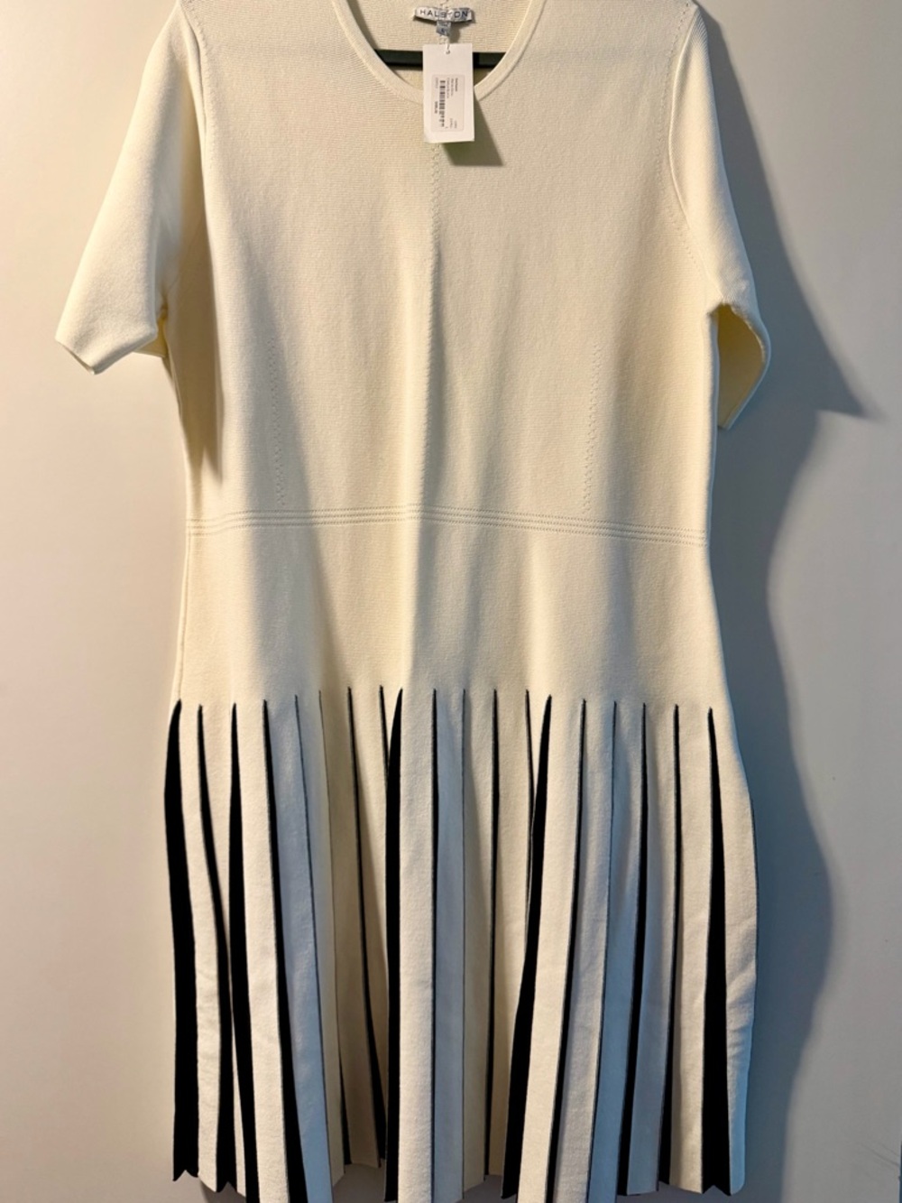 Halston Marian Knit Dress | Chalk & Black Pleated Skirt | Size L | NWT $495